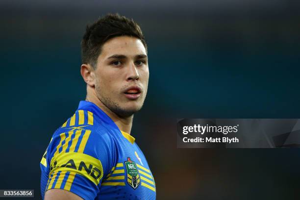 Mitchell Moses of the Eels looks on during the round 24 NRL match between the Parramatta Eels and the Gold Coast Titans at ANZ Stadium on August 17,...