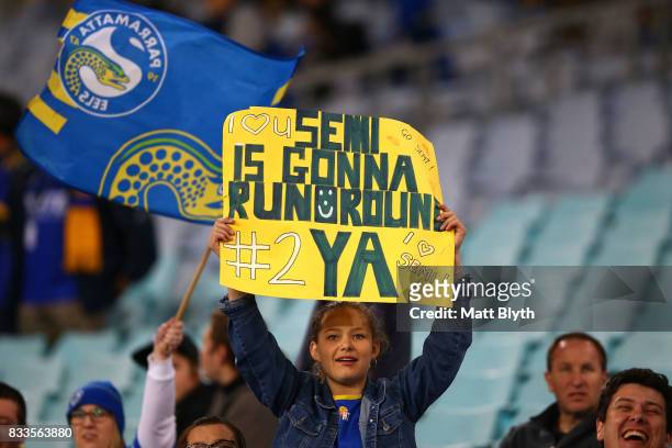 Eels fans show their support during the round 24 NRL match between the Parramatta Eels and the Gold Coast Titans at ANZ Stadium on August 17, 2017 in...