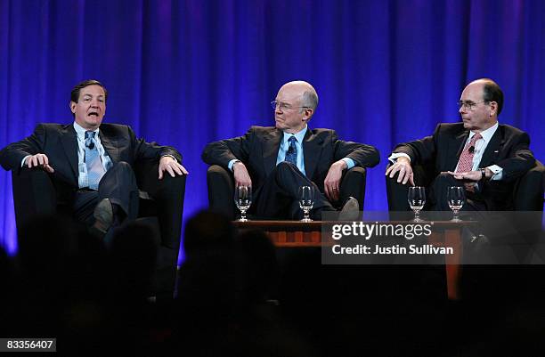 Freddie Mac CEO David Moffett speaks as Fannie Mae President and CEO Herbert Allison and Federal Housing Finance Agency Director James Lockhart look...