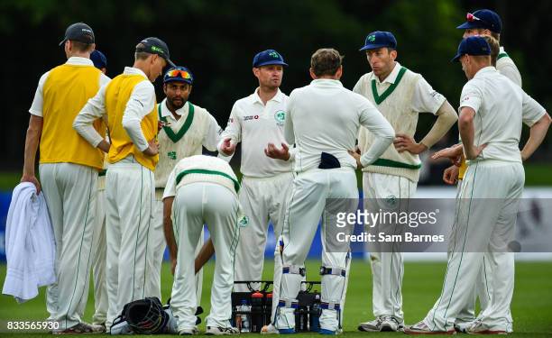 Dublin , Ireland - 17 August 2017; The Ireland team in coversation during a break in play during the ICC Intercontinental Cup match between Ireland...
