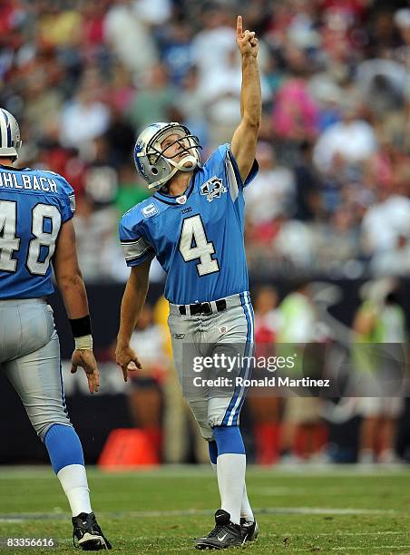 Kicker Jason Hanson of the Detroit Lions celebrates a field goal against the Houston Texans at Reliant Stadium on October 19, 2008 in Houston, Texas.