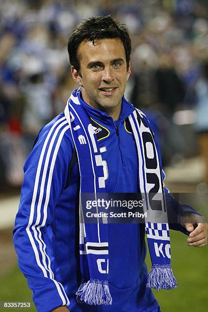 Kerry Zavagnin celebrates his final regular season game against the San Jose Earthquakes during the game at Community America Ballpark on October 18,...