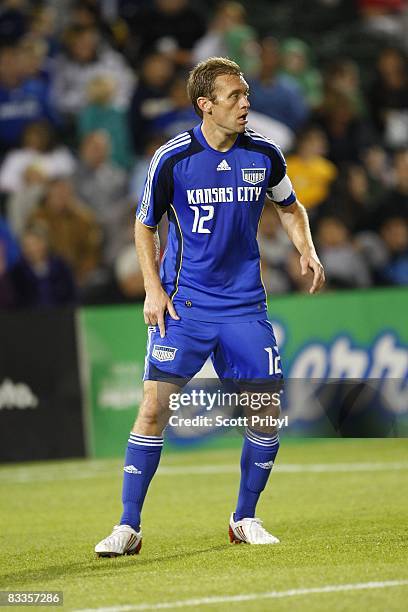 Jimmy Conrad of the Kansas City Wizards gets in the position against the San Jose Earthquakes during the game at Community America Ballpark on...