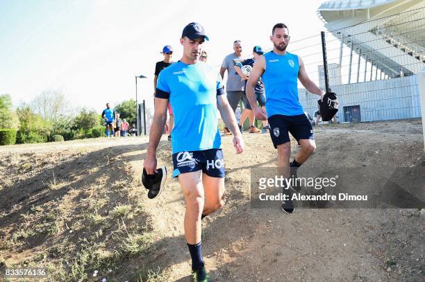 Ruan Piennar and Aaron Cruden of Montpellier during training session of Montpellier at on August 17, 2017 in Montpellier, France.