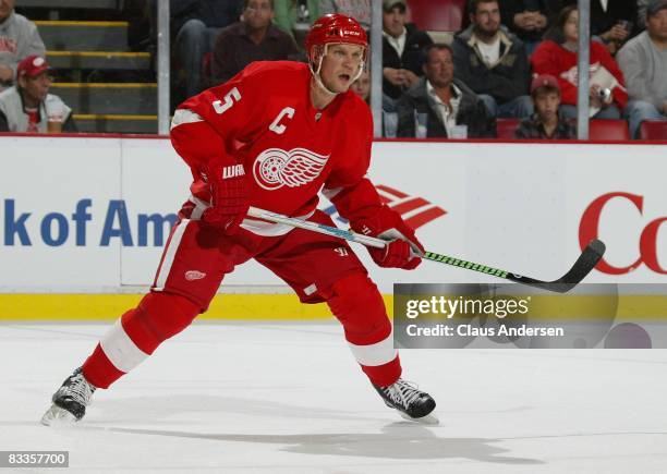 Nicklas Lidstrom of the Detroit Red Wings skates in a game against the New York Rangers on October 18, 2008 at the Joe Louis Arena in Detroit,...