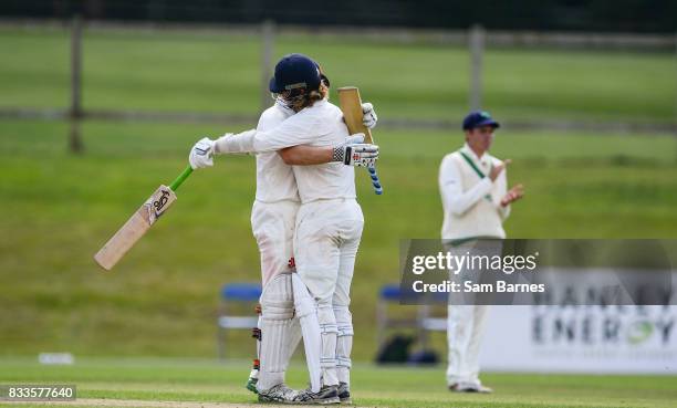 Dublin , Ireland - 17 August 2017; Max O'Dowd of Netherlands, right, celebrates his century with teammate Logan van Beek during the ICC...