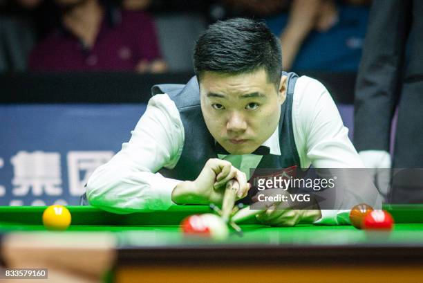 Ding Junhui of China plays a shot during his first round match against Alfie Burden of England on day two of Evergrande 2017 World Snooker China...