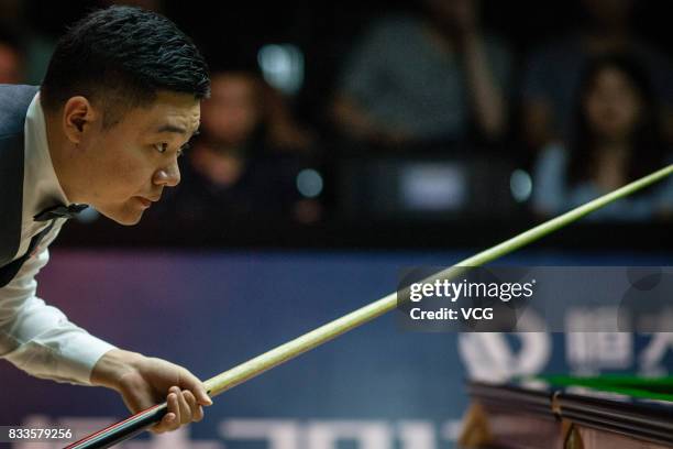 Ding Junhui of China reacts during his first round match against Alfie Burden of England on day two of Evergrande 2017 World Snooker China Champion...