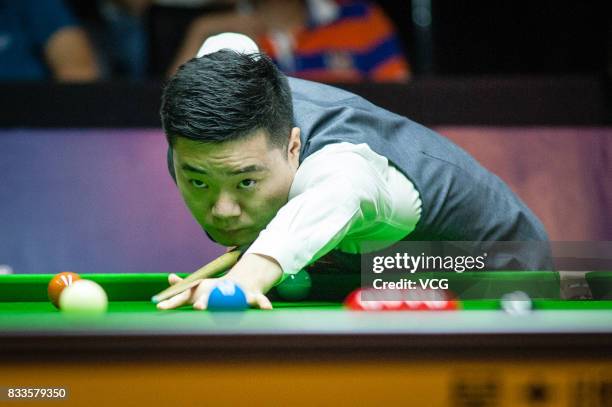 Ding Junhui of China plays a shot during his first round match against Alfie Burden of England on day two of Evergrande 2017 World Snooker China...