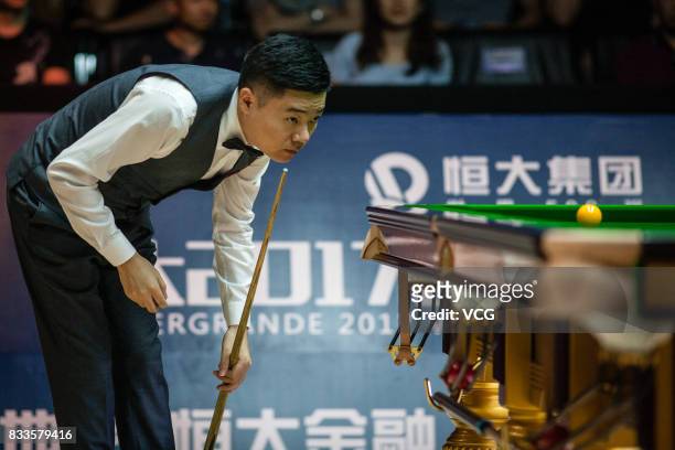Ding Junhui of China reacts during his first round match against Alfie Burden of England on day two of Evergrande 2017 World Snooker China Champion...