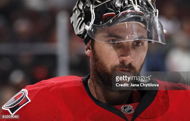 Martin Gerber of the Ottawa Senators looks on during a stoppage in play against the Boston Bruins at Scotiabank Place on October 18, 2008 in Ottawa,...