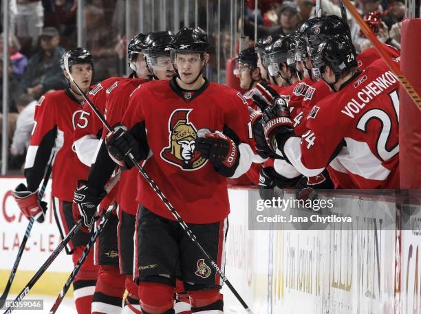 Jason Spezza of the Ottawa Senators celebrates a goal against the Boston Bruins at Scotiabank Place on October 18, 2008 in Ottawa, Ontario, Canada.