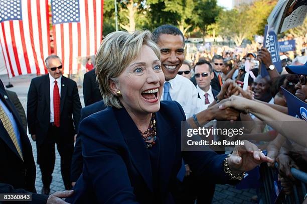 Democratic presidential nominee U.S. Sen. Barack Obama and Sen. Hillary Clinton attend a campaign rally together at Amway Arena October 20, 2008 in...