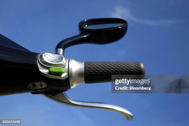 Handlebar grip sits on a Coup eScooter electric hire vehicle, operated by Robert Bosch GmbH, stand in Berlin, Germany, on Thursday, Aug. 17, 2017....