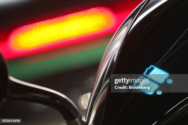 Dual battery charge level info sits on the dashboard of a Coup eScooter electric hire vehicle, operated by Robert Bosch GmbH, in Berlin, Germany, on...