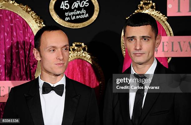 Spanish designer David Delfin and a friend attends Telva Fashion Awards 2008 photocall at Palace Hotel on October 20, 2008 in Madrid, Spain.