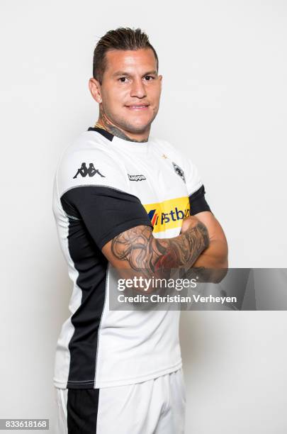 Raul Bobadilla pose with his new shirt after he signs a new contract for Borussia Moenchengladbach at Borussia-Park on August 17, 2017 in...