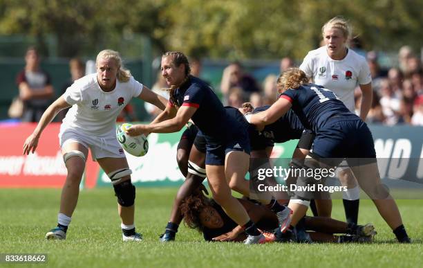 Deven Owsiany of USA passes the ball during the Women's Rugby World Cup Pool B match between England and USA at Billings Park UCB on August 17, 2017...