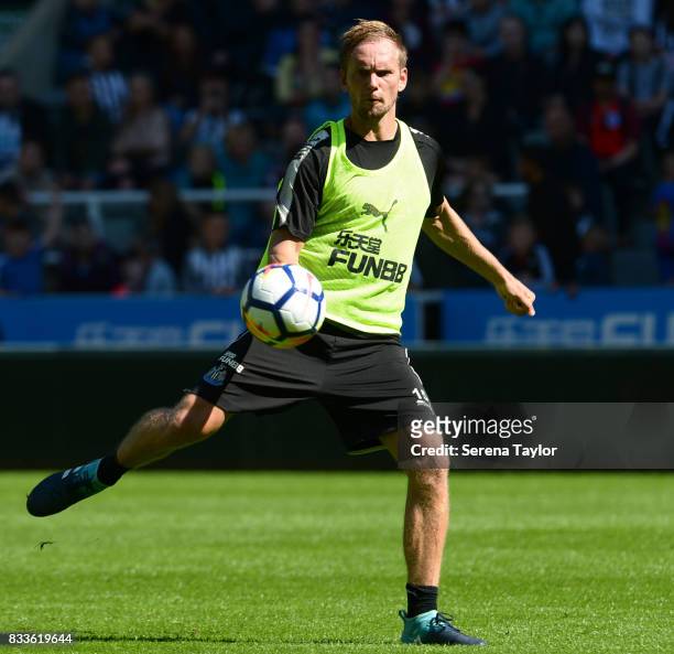 Siem de Jong looks to strike the ball during a Newcastle United Open Training session at St.James' Park on August 17 in Newcastle upon Tyne, England.