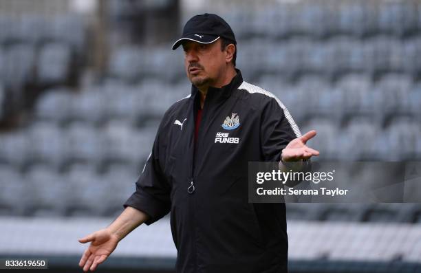 Newcastle Unitedâs Manager Rafael Benitez gestures during a Newcastle United Open Training session at St.James' Park on August 17 in Newcastle upon...