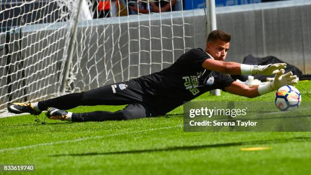 Goalkeeper Karl Darlow dives for the ball during a Newcastle United Open Training session at St.James' Park on August 17 in Newcastle upon Tyne,...