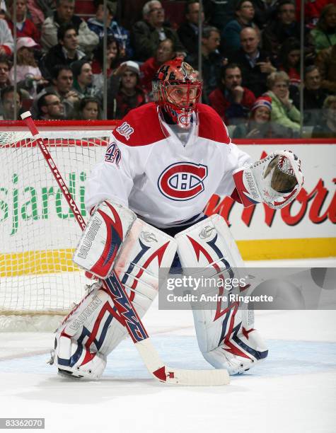 Jaroslav Halak of the Montreal Canadiens stands in his crease and guards his net against the Florida Panthers at the Bell Centre on October 20, 2008...