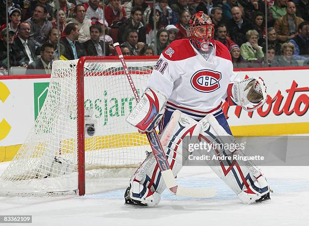 Jaroslav Halak of the Montreal Canadiens stands in his crease and guards his net against the Florida Panthers at the Bell Centre on October 20, 2008...