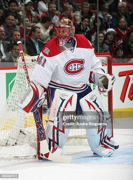 Jaroslav Halak of the Montreal Canadiens stands in his crease and guards his net against the Florida Panthers at the Bell Centre on October 20, 2008...