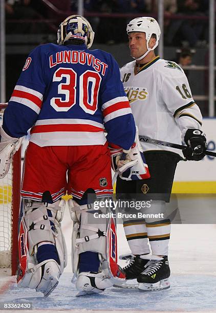 Sean Avery of the Dallas Stars crowds Henrik Lundqvist of the New York Rangers in the crease on October 20, 2008 at Madison Square Garden in New York...