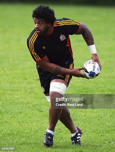 Sione Lauaki passes the ball during day one of a the New Zealand All Blacks training camp at Fort Takapuna on October 21, 2008 in Auckland. New...