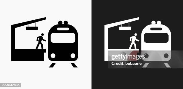 stockillustraties, clipart, cartoons en iconen met trein stop icoon op zwart-wit vector achtergronden - instappen