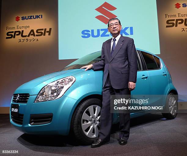 Japan's Suzuki Motor Corporation president Hiroshi Tsuda introduces the company's new model "Splash" imported from its Hungarian subsidiary company...
