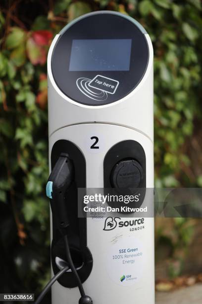 General view of an electric vehicle charging station on August 17, 2017 in London, England. A study commissioned by power generation company Drax...