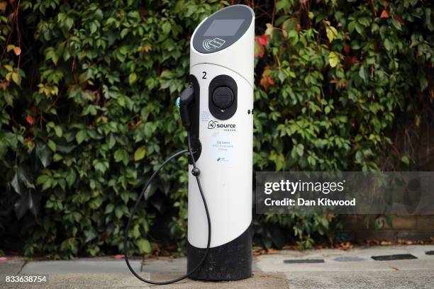 General view of an electric vehicle charging station on August 17, 2017 in London, England. A study commissioned by power generation company Drax...