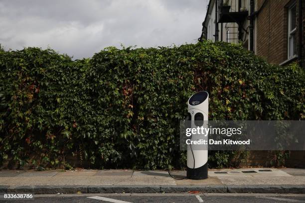 General view of an electric vehicle charging station on August 17, 2017 in London, England. A study commissioned by power generation company Drax...