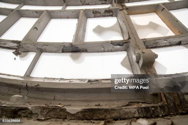 Peeling paintwork on the interior of one of the four clock faces within the Elizabeth Tower ahead of the bell ceasing to ring on Monday at the Palace...