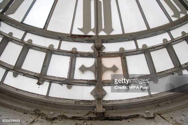 Peeling paintwork on the interior of one of the four clock faces within the Elizabeth Tower ahead of the bell ceasing to ring on Monday at the Palace...