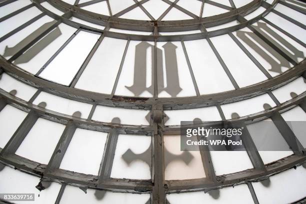 Peeling paintwork on the interior of one of the four clock faces within the Elizabeth Tower ahead of the bell ceasing to ring on Monday at the Palace...