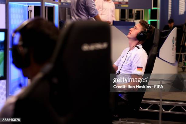 Timo "Timox" Siep of Germany reacts during his semi final match against Daniele "Iceprinsipe" Paolucci of Italy on day two of the FIFA Interactive...
