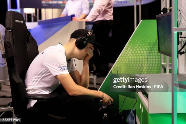 Florian "Codyderfinisher" Muller of Germany reacts during his semi final match against Philip "FilthyP94" Balkhe of Canada on day two of the FIFA...