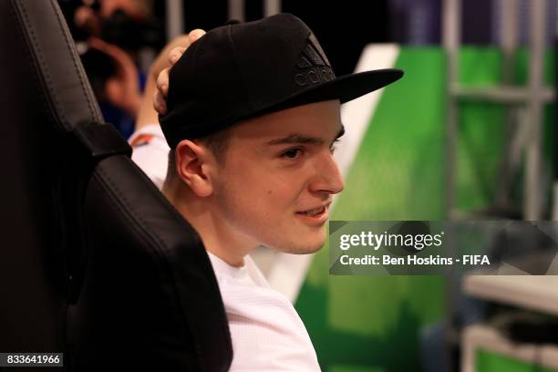 Florian "Codyderfinisher" Muller of Germany reacts after winning his semi final match against Philip "FilthyP94" Balkhe of Canada on day two of the...