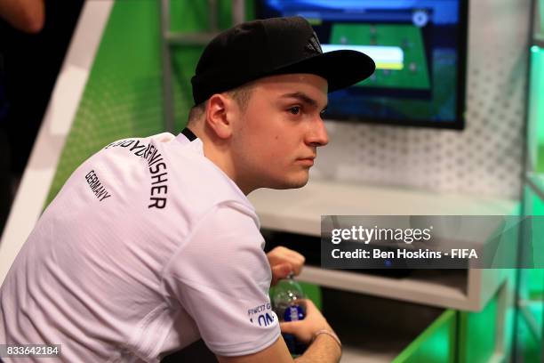 Florian "Codyderfinisher" Muller of Germany reacts after winning his semi final match against Philip "FilthyP94" Balkhe of Canada on day two of the...