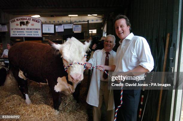 Conservative leader David Cameron meets Ray Manning from Hereford and one of his prize wninning Hereford bulls during a visit to the Royal Show at...