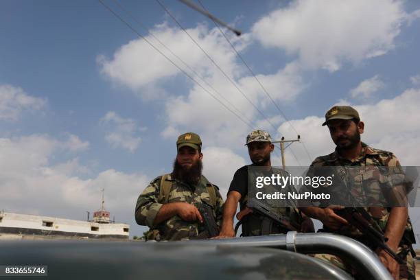 Palestinian policemen patrol on the border with Egypt, in Rafah in the southern of Gaza Strip August 17, 2017. A suicide bomber killed a Palestinian...