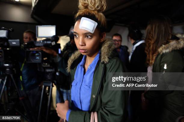 South African model Gabriella Engels , allegedly assaulted by Zimbabwe First Lady Grace Mugabe, arrive for a press conference at the civil rights...