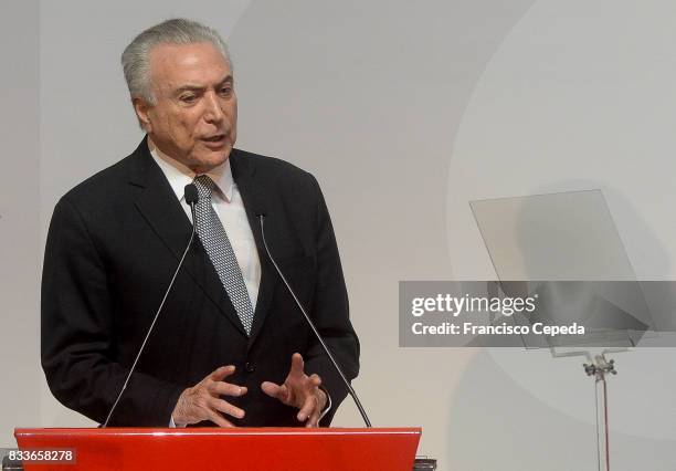 Brazil's Interim President Michel Temer opens the 18th Annual Santander Conference on August 16, 2017 in Sao Paulo, Brazil.