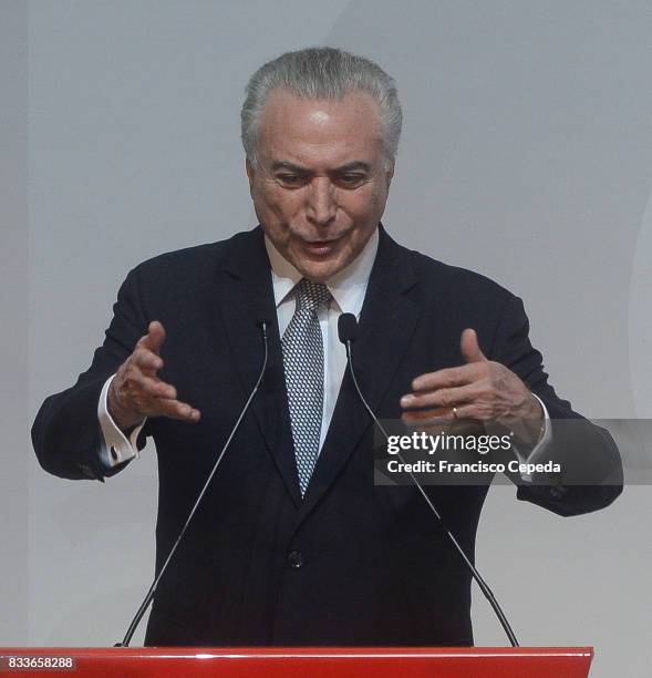 Brazil's Interim President Michel Temer opens the 18th Annual Santander Conference on August 16, 2017 in Sao Paulo, Brazil.