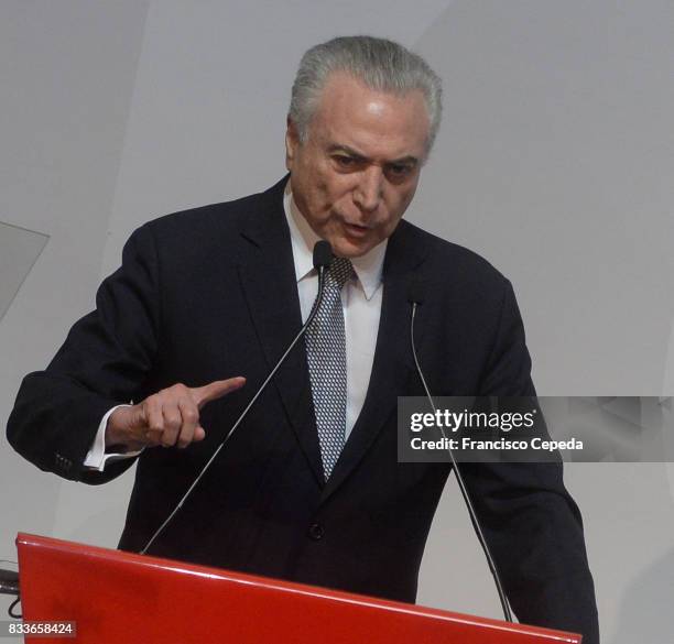 Brazil's Interim President Michel Temer opens the 18th Annual Santander Conference on August 16, 2017 in Sao Paulo, Brazil.