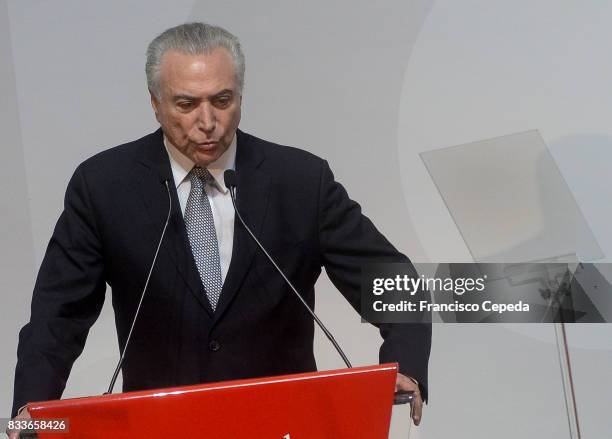 Brazil's Interim President Michel Temer opens the 18th Annual Santander Conference on August 16, 2017 in Sao Paulo, Brazil.