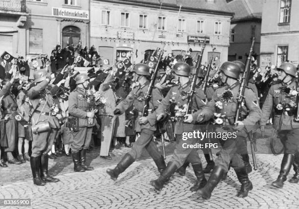 German troops enter Schonlinde in the Sudetenland, as Nazi Germany annexes the region, 2nd October 1938.